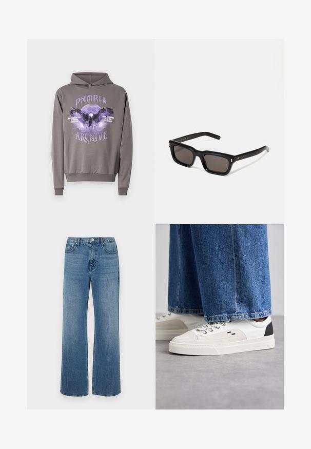 Giubbotto piumino nero con texture brillantante e trapuntata, cappuccio rimovibile, chiusura con zip e tasche con zip. Presenta un logo sulla manica.; Felpa grigia con cappuccio caratterizzata da una stampa grafica di un'aquila e una luna in viola, con il testo "PHOBIA ARCHIVE" e dettagli dell'evento. Tessuto morbido, vestibilità regolare.; Jeans a gamba larga blu in denim con una finitura sbiadita. Presentano cinque tasche, una chiusura con bottone frontale e una vestibilità dritta.; Sneaker bianche e nere con parte superiore in pelle liscia, dettagli testurizzati e suola bianca spessa. Presentano un classico design con lacci.; Occhiali da sole neri rettangolari con lenti scure, montatura spessa in plastica, dettagli dorati sulle tempie e logo del marchio inciso sull'asta.