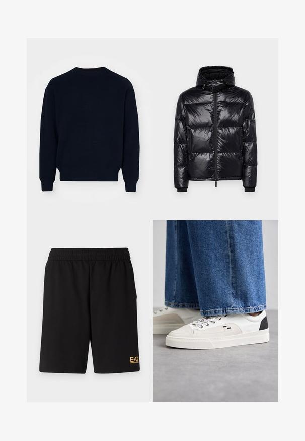 Schwarze Pufferjacke mit glänzender, gesteppten Textur, abnehmbarer Kapuze, Reißverschluss vorne und Reißverschlusstaschen. Mit einem Logo auf dem Ärmel.; Marineblauer Pullover mit strukturiertem Rippenmuster, Rundhalsausschnitt und langen Ärmeln. Mit geradem Saum und minimalistischem Design ohne sichtbare Logos.; Schwarze Sportshorts aus weichem Material, mit einem elastischen Bund und einem kleinen gelben EA7-Logo am unteren linken Bein.; Weiße und schwarze Sneaker mit einem Obermaterial aus glattem Leder, strukturierten Akzenten und einer massiven weißen Sohle. Verfügt über ein klassisches Schnürdesign.