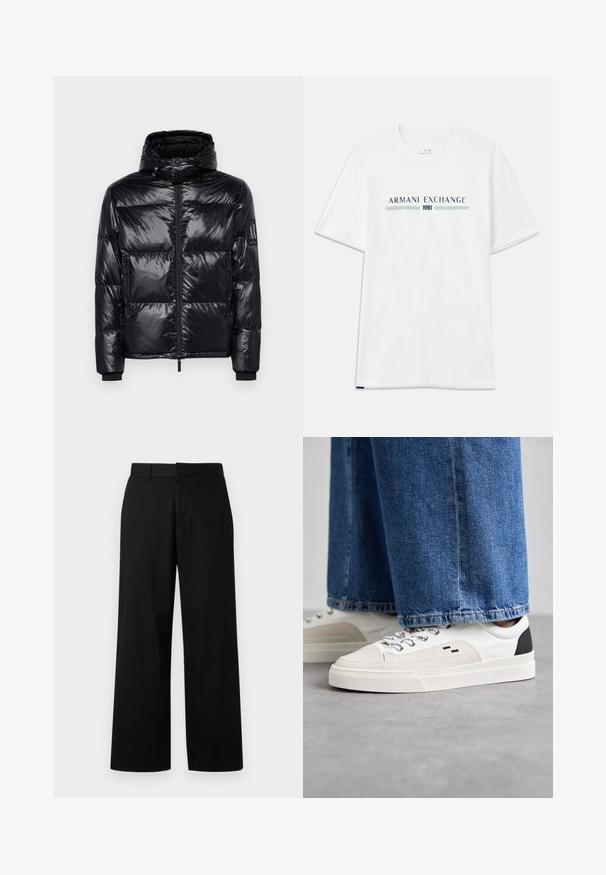 Zwarte gewatteerde jas met een glanzende, gestepte textuur, afneembare capuchon, rits aan de voorkant en ritszakken. Bevat een logo op de mouw.; Witte katoenen T-shirt met korte mouwen, voorzien van een blauw en groene "ARMANI EXCHANGE" logo en "1991" gecentreerd eronder.; Zwarte, brede benen broek van een gladde stof. Heeft een vlakke voorkant met riemlussen en een rechte snit, met minimale details.; Witte en zwarte sneakers met een glad leren bovenwerk, textuuraccenten en een chunky witte zool. Heeft een klassiek vetersluiting ontwerp.