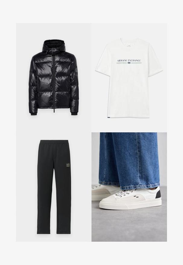 Schwarze Pufferjacke mit glänzender, gesteppten Textur, abnehmbarer Kapuze, Reißverschluss vorne und Reißverschlusstaschen. Mit einem Logo auf dem Ärmel.; Weißes Baumwoll-T-Shirt mit kurzen Ärmeln, das ein blaues und grünes "ARMANI EXCHANGE"-Logo zeigt, mit "1991" zentriert darunter.; Schwarze Sweatpants mit geradem Bein, elastischem Bund und schwarzem Patch-Logo auf dem oberen linken Oberschenkel.; Weiße und schwarze Sneaker mit einem Obermaterial aus glattem Leder, strukturierten Akzenten und einer massiven weißen Sohle. Verfügt über ein klassisches Schnürdesign.
