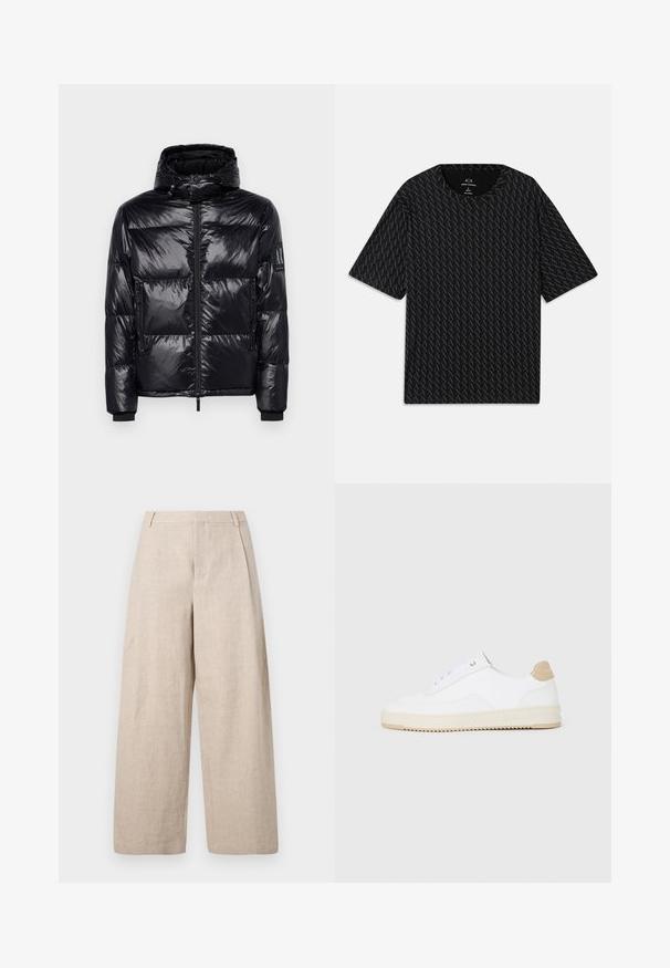 Schwarze Pufferjacke mit glänzender, gesteppten Textur, abnehmbarer Kapuze, Reißverschluss vorne und Reißverschlusstaschen. Mit einem Logo auf dem Ärmel.; Schwarzes T-Shirt mit einem strukturierten Muster von abwechselnden "A"-Logos, kurzen Ärmeln und rundem Halsausschnitt. Hergestellt aus leichtem Stoff.; Holzweiler ALEX ONE PLEAT TROUSER - Stoffhose - ecru; Weiße Low-Top-Sneaker mit einem strukturierten Lederobermaterial, cremefarbener, geriffelter Sohle und einem braunen Akzent an der Ferse. Mit weißen Schnürsenkeln und Logodetail an der Ferse.