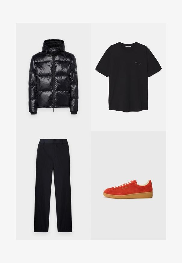 Zwarte gewatteerde jas met een glanzende, gestepte textuur, afneembare capuchon, rits aan de voorkant en ritszakken. Bevat een logo op de mouw.; Zwarte katoenen T-shirt met een ronde hals, korte mouwen en een witte logo-print op de linkerkant van de borst. Eenvoudig, effen kleur ontwerp.; Zwarte broek van een lichtgewicht, gestructureerde stof, met een recht model, elastische Tailleband en zijzakken met rits.; Rode suède sneaker met witte veters, tan rubberen zool en gouden branding aan de zijkant. Rond neus en laag profiel ontwerp.