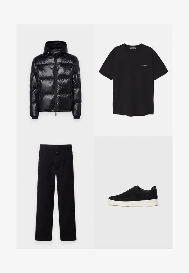 Chaqueta acolchada negra con una textura brillante y acolchada, capucha desmontable, frente con cremallera y bolsillos con cremallera. Presenta un logotipo en la manga.; Camiseta de algodón negra con cuello redondo, mangas cortas y un estampado de logo blanco en el lado izquierdo del pecho. Diseño simple y de color sólido.; Pantalones de algodón negros con un diseño de pierna recta, que cuentan con un cierre frontal de botón y cremallera, y bolsillos laterales. Estilo sencillo y versátil.; Zapatilla de ante negra con diseño de cordones y suela de goma blanca contrastante. Presenta paneles laterales texturizados y un sutil logo en el talón.