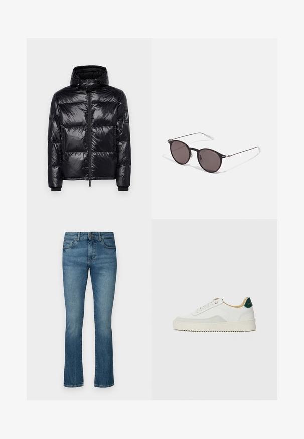 Czarna kurtka puchowa o błyszczącej, pikowanej fakturze, z odpinanym kapturem, zapięciem na zamek z przodu oraz kieszeniami na zamek. Posiada logo na rękawie.; Czarny bawełniany T-shirt z okrągłym dekoltem, krótkimi rękawami oraz białym logo "EMPORIO ARMANI" nad napisem "Milano" w zakrzywionym kształcie.; Ciemnoniebieskie dżinsy o prostym kroju nogawki, z delikatnym przetarciem, pięcioma kieszeniami i zapięciem na guzik w pasie.; Białe trampki z zamszowymi akcentami, zaokrąglony czubek, płaskie sznurowadła i kremowa gumowa podeszwa. Posiadają zielone logo na pięcie.; Czarne okrągłe okulary przeciwsłoneczne z ciemnymi soczewkami i smukłymi metalowymi ramkami. Zawierają przezroczyste końcówki zauszników oraz srebrne akcenty przy zawiasie. Minimalistyczny design.