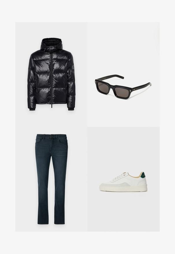 Svarte dunjakke med en blank, quiltet tekstur, avtagbar hette, glidelås foran og glidelåslommer. Har en logo på ermene.; Svart bomulls T-skjorte med rund hals, korte ermer og "EMPORIO ARMANI" logo i hvitt over "Milano" i en buet design.; Mørkeblå jeans med slim fit, laget av denim. Har knappelukking, fem lommer og subtil søm langs sømmene.; Hvit sneakers med semsket detaljer, rund tå, flate snøringer og en kremfarget gummisåle. Har grønn merking på hælen.; Sorte rektangulære solbriller med mørke linser, tykk plastikkramme, gullaccenter på skulderpartiet og merkevarelogo gravert på armen.