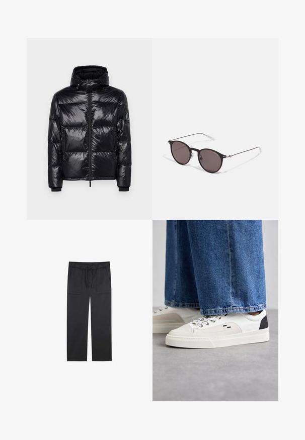 Czarna kurtka puchowa o błyszczącej, pikowanej fakturze, z odpinanym kapturem, zapięciem na zamek z przodu oraz kieszeniami na zamek. Posiada logo na rękawie.; Czarny bawełniany T-shirt z okrągłym dekoltem, krótkimi rękawami oraz białym logo "EMPORIO ARMANI" nad napisem "Milano" w zakrzywionym kształcie.; Czarne, lekkie spodnie z elastyczną talią i regulowanym sznurkiem. Posiadają dwie kieszenie z przodu oraz proste nogawki.; Białe i czarne sneakersy z gładką skórzaną cholewką, teksturowanymi akcentami oraz masywną białą podeszwą. Posiadają klasyczny system sznurowania.; Czarne okrągłe okulary przeciwsłoneczne z ciemnymi soczewkami i smukłymi metalowymi ramkami. Zawierają przezroczyste końcówki zauszników oraz srebrne akcenty przy zawiasie. Minimalistyczny design.