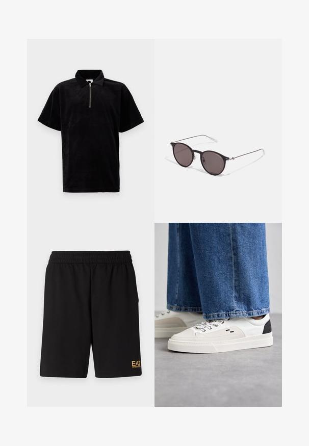 Sort puffjakke med en blank, quiltet tekstur, aftagelig hætte, lynlås foran og lynlåslommer. Har et logo på ærmet.; Sort polo skjorte lavet af blødt, luksuriøst materiale, med en kort lynlås, afslappet pasform og korte ærmer med en klassisk krave.; Sorte atletiske shorts lavet af blødt stof, med en elastisk talje og et lille gult EA7-logo nederst på venstre ben.; Hvide og sorte sneakers med en glat læderoverdel, teksturerede detaljer og en kraftig hvid sål. Har et klassisk snørebåndsdesign.; Sorte runde solbriller med mørke linser og slanke metalarme. Inkluderer klare tempeltips og sølvdetaljer ved hængslet. Minimalistisk design.
