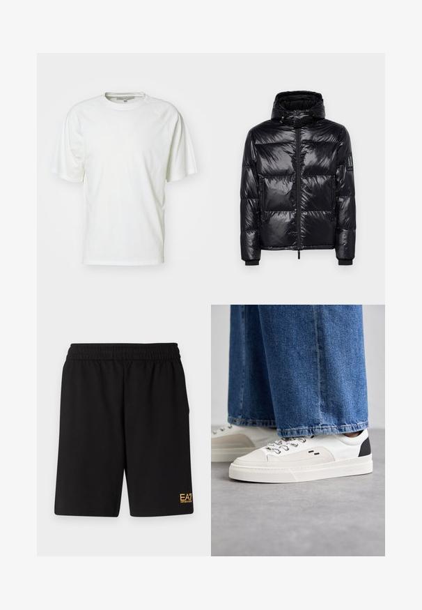 Černá péřová bunda s lesklou, prošívanou texturou, odnímatelnou kapucí, zapínáním na zip vpředu a kapsami na zip. Na rukávu se nachází logo.; Bílá tričko z měkké bavlny; má kulatý výstřih, krátké raglánové rukávy a volný střih; minimalistický design bez vzorů nebo akcentů.; Černé sportovní šortky vyrobené z měkké látky, s elastickým pasem a malým žlutým logem EA7 na dolní části levé nohy.; Bílé a černé tenisky s hladkým koženým svrškem, texturovanými akcenty a robustní bílou podešví. Mají klasický design se šněrováním.