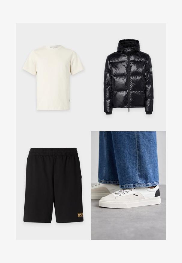 Sort puffjakke med en blank, quiltet tekstur, aftagelig hætte, lynlås foran og lynlåslommer. Har et logo på ærmet.; Lys beige bomulds t-shirt med rund halsudskæring og korte ærmer. Har en lige skæring og en lille logotag på venstre side.; Sorte atletiske shorts lavet af blødt stof, med en elastisk talje og et lille gult EA7-logo nederst på venstre ben.; Hvide og sorte sneakers med en glat læderoverdel, teksturerede detaljer og en kraftig hvid sål. Har et klassisk snørebåndsdesign.