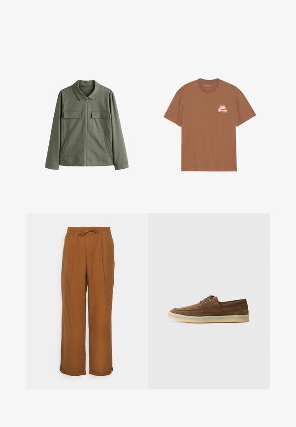 Jachetă verde măslinie cu guler ascuțit, fermoar frontal, două buzunare pe piept și buzunare laterale. Fabricată dintr-un material neted, ușor elastic.; Tricou scurt din bumbac, de culoare maro, cu un grafic al unui soare roz și textul "SOLAR" pe partea stângă a pieptului. Design cu guler rotund.; Pantaloni din in maro, cu o croială lejeră, talie elastică, șnur de ajustare și două pliuri frontale pentru un plus de textură. Cuffuri răsucite la tiv.; Pantofi din suede maro cu un profil jos, design cu sireturi, talpă din cauciuc și detalii de cusătură contrastante. Stil simplu și funcțional.
