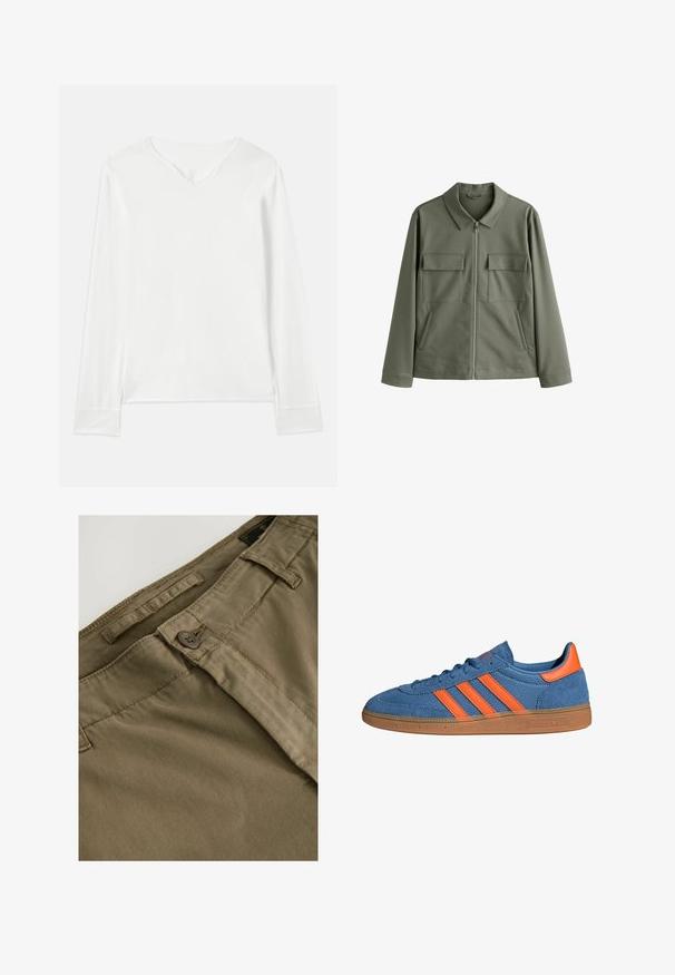 Oliivinvihreä takki, jossa on terävä kaulus, edessä vetoketju, kaksi rintataskua ja sivutaskut. Valmistettu sileästä, hieman joustavasta kankaasta.; Pitkähihaista valkoista paitaa, jossa on V-pääntie, pehmeä rakenne ja sivuhalkiot. Ominaisuuksina on yksinkertainen muotoilu ilman koristeluja tai kuvioita.; Harmaat housut, joissa on sileä pinta, napin kiinnitys, vyölenkit ja hienovaraiset vaakaraitarivit kankaan pinnalla.; Sinikirjaiset kangaskengät, joissa on oranssit yksityiskohdat ja kolme raitaa. Kumimainen pohja, teksturoitu päällinen ja nauhakiinnitys.