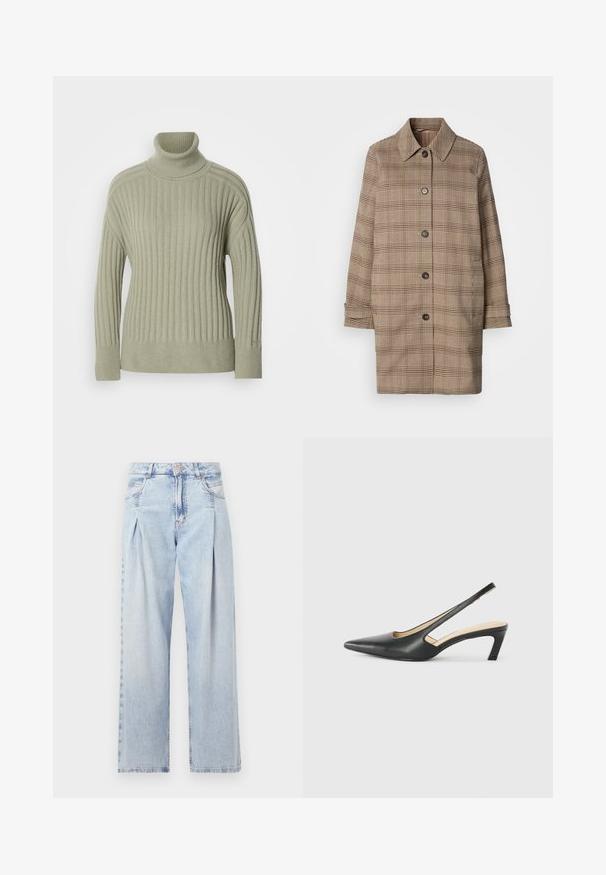 Rudas plaid paltas su apykakle, turintis penkis mygtukus, ilgomis rankovėmis ir šoninėmis kišenėmis. Pagamintas iš tekstūruoto audinio su tikrinimo raštu.; Šviesiai žalia golfo tipo megztinis, pagamintas iš riboto mezgimo medžiagos. Pakeltos peties dizainas, minimalūs siūlų detalizavimai ir ilgomis rankovėmis.; Šviesiai mėlyni džinsai su aukštu liemeniu, plačiomis kojomis, dviem šoninėmis kišenėmis ir raukinių dizainu. Minkšta tekstūra su nudilusia apdaila.; Juodas smailus slingback batelis su žemu kulnu, pagamintas iš lygaus odos paviršiaus ir su išpjovomis šone, užtikrinančiomis oro pralaidumą.