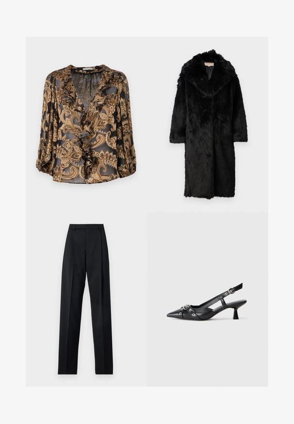 MICHAEL Michael Kors LONG COAT - Talvitakki - black; Mustapohjainen ja kultainen paisley-pusero, jossa on rypytetty V-kaula-aukko, kolmannes, pitkät hihat ja läpikuultava rakenne. Pusero on löysästi istuva ja siinä on monimutkainen kuosisuunnittelu.; Musta housut, jotka on valmistettu sileästä kankaasta ja joissa on korkea vyötärö, leveät lahkeet, etukaarteet ja klassiset vyölenkit. Ei näkyviä sivutaskuja.; Mustat nahkakengät, joissa on avonainen takaosa ja kärjessä terävä muoto, koristevyöt, joissa on metalliset reiät, sekä matala lohkoepohja. Teksturoitu pinta.