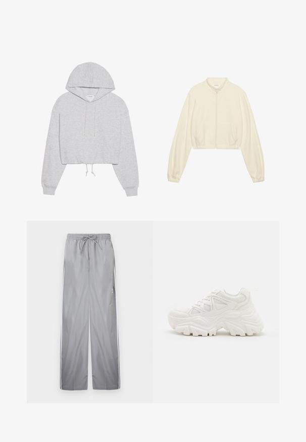 Veste zippée cropped en crème, fabriquée en tissu doux. Elle présente des manches longues, deux poches avant et des poignets élastiques pour un look ajusté.; Sweat à capuche gris court en tissu doux, avec un cordon de serrage à la capuche, des manches longues et des poignets côtelés. Design simple sans motifs ni graphiques.; Pantalons de sport gris avec une taille élastique, un cordon de serrage et des rayures blanches sur les côtés. Fabriqués en tissu lisse et léger.; Baskets blanches épaisses avec un dessus texturé, des panneaux en mesh et des semelles en caoutchouc épaisses avec un motif de semelle prominent. Lacets et tirette inclus.
