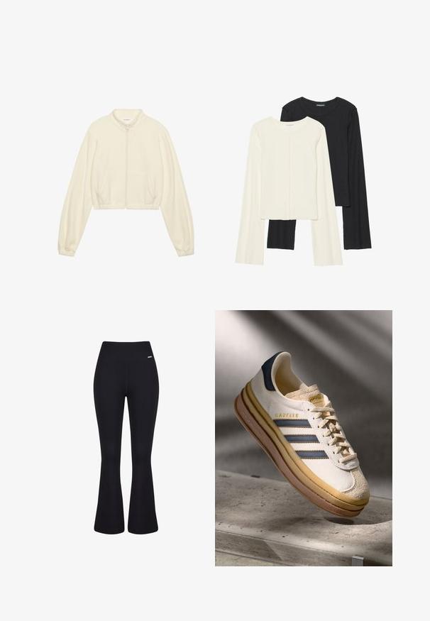 Krótka kurtka zapinana na zamek błyskawiczny w odcieniu kremowym, wykonana z miękkiego materiału. Posiada długie rękawy, dwie przednie kieszenie oraz elastyczne mankiety, które zapewniają dopasowany wygląd.; Zestaw dwóch bluzek z długim rękawem w kolorze białym i czarnym. Prążkowana struktura, okrągły dekolt, dopasowany fason z lekko rozszerzanymi rękawami.; Czarne spodnie dzwony z prążkowanej tkaniny i wysokim stanem. Gładka faktura i dopasowany krój zwężający się do kolan, a następnie rozszerzający.; Sneaker Adidas Gazelle z cholewką z kremowego zamszu, niebieskimi skórzanymi akcentami, trzema niebieskimi paskami, beżową podeszwą środkową i brązową gumową podeszwą.