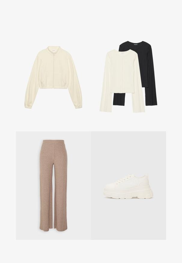 Jaqueta zipada cortada em creme, feita de tecido suave. Apresenta mangas长as, dois bolsos frontais e punhos elásticos para um ajuste perfeito.; Conjunto de duas blusas de manga longa em branco e preto. Textura canelada, decote redondo, design ajustado com mangas ligeiramente evasê.; Calças largas de cintura alta em bege com textura suave e efeito canelado, apresentando um corte solto e sem fechos visíveis.; Sapatilhas brancas em lona com sola espessa, biqueira arredondada e cinco ilhós para atacadores. Laço traseiro para calçar facilmente. Textura suave, design minimalista.