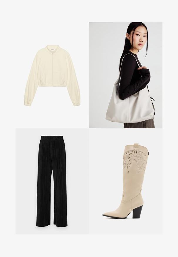 Krátká zipová bunda v krémové barvě, vyrobená z měkké tkaniny. Má dlouhé rukávy, dvě přední kapsy a elastické manžety pro přiléhavý vzhled.; Bílý bezrukávový top s kulatým výstřihem. Vyroben z hladkého materiálu, má volný střih a minimalistický design. Bez vzorů nebo akcentů.; Černé plisované kalhoty s elastickým pasem. Mají široké nohavice a hladkou, strukturovanou tkaninu s vertikálními pruhy.; Even&Odd Kovbojské/motorkářské kozačky - beige; Beige kabelka vyrobená z měkkého materiálu, s volným designem, prošívanými detaily a dvěma ramenními popruhy. Vhodná pro každodenní použití.