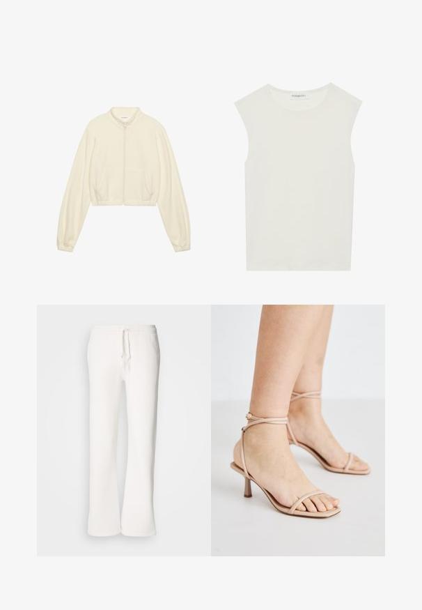 Cropped zip-up jacket in cream, made of soft fabric. Features long sleeves, two front pockets, and elastic cuffs for a fitted look.; White sleeveless top with a round neckline. Made of smooth fabric, it features a relaxed fit and minimalist design. No patterns or accents.; White, relaxed-fit sweatpants made of soft fabric, featuring an elastic waistband with a drawstring and straight-leg design.; Nude strappy sandals with a thin ankle strap, a square toe design, and a small block heel. Smooth texture with minimal detailing.