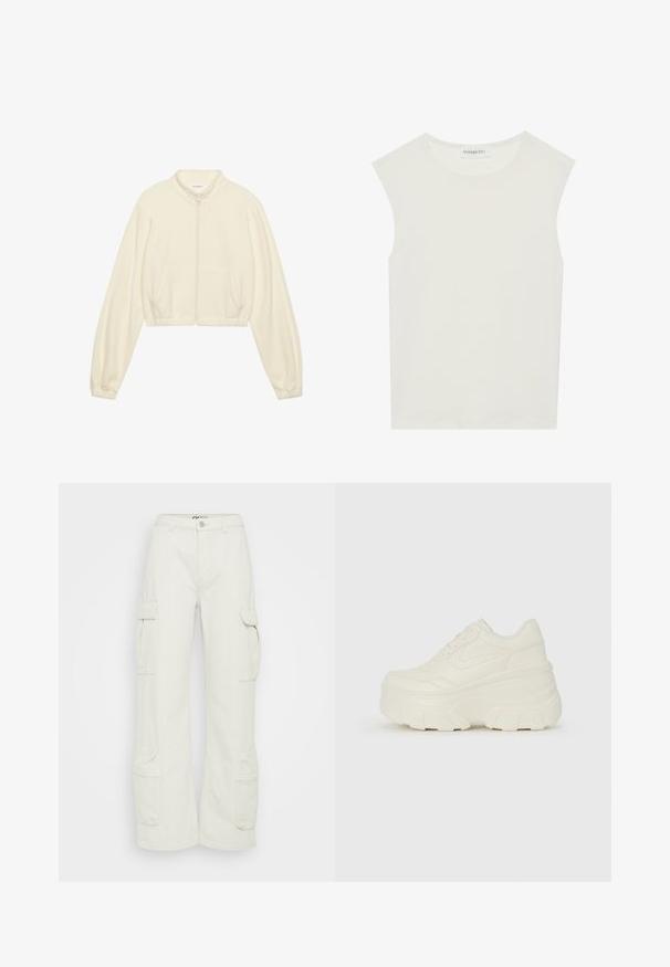 Lühendatud tõmbluku jakk kreemjas toonis, valmistatud pehmest kangast. Omab pikki varrukaid, kahte küljetaskut ja elastseid mansette, mis tagavad sobiva ilme.; Valge ilma varrukateta topp ümmarguse kaelusega. Valmistatud siledast kangast, sellel on mugav lõige ja minimalistlik disain. Ei ole mustreid ega aksessuaare.; Kreemjast puuvillast cargo-püksid, laiad sääred, küljetaskud ja nupuga kinnitamine vööl. Sile tekstuur utilitaarse disainiga.; Valged platvormi tõusukingad, millel on siledast nahast meenutav pealis, ümar kuju, pehmendatud kaelus ja tekstureeritud kummitald koos selgete hüdrofoobsete mustritega.