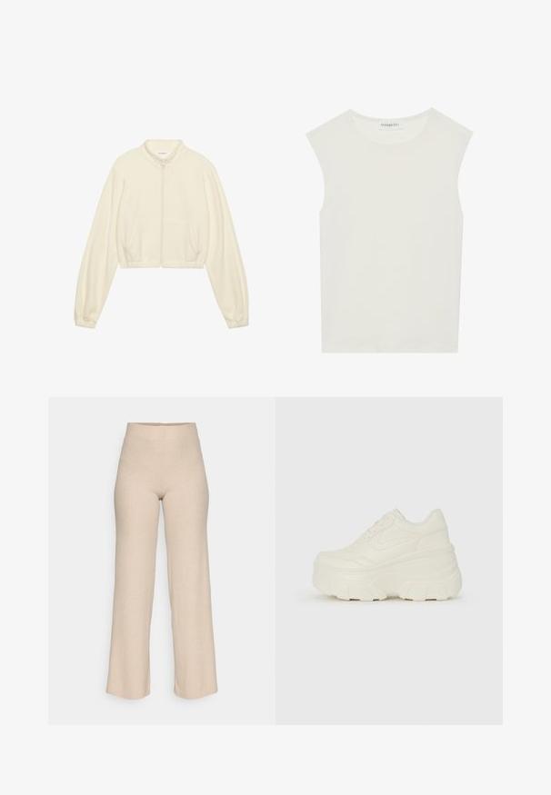 Kuttet hettejakke i kremfarge, laget av myk stoff. Har lange ermer, to frontlommer og elastiske mansjetter for en tettsittende look.; Hvit ermeløs topp med rund hals. Laget av glatt stoff, har den en avslappet passform og minimalistisk design. Ingen mønstre eller detaljer.; Beige ribbestrikkede bukser med høy midje og vide ben, vist mot en hvit bakgrunn.; Hvite plattformsnickers med en glatt læraktig overdel, avrundet form, polstret krage og teksturert gummisåle med tydelige dekk.