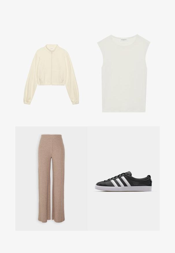Geknipte ritsjack in crème, gemaakt van zachte stof. Beschikt over lange mouwen, twee voorzakken en elastische cuffs voor een strakke pasvorm.; Witte mouwloze top met een ronde halslijn. Gemaakt van gladde stof, het heeft een losse pasvorm en een minimalistisch ontwerp. Geen patronen of accenten.; Beige geribbelde wijde broek met een hoge tailleband en zachte textuur, met een losse pasvorm en zonder zichtbare sluitingen.; Zwarte lederen sneaker met een witte drie-strepen ontwerp, ronde neus, platte witte rubberen zool en merkdetail aan de zijkant.
