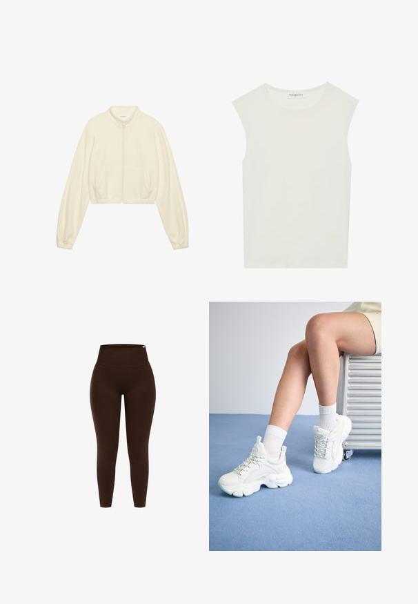 Karakot zip-jakke i cremefarve, lavet af blødt stof. Har lange ærmer, to frontlommer og elastiske manchetter for en tætsiddende pasform.; Hvid ærmeløs top med rund halsudskæring. Lavet af glat stof, har den en afslappet pasform og minimalistisk design. Ingen mønstre eller accenter.; Brune højtaljede leggings lavet af strækbart materiale, med en glat tekstur og tætsiddende design, uden synlige mønstre eller hardware.; Hvide snøre-sneakers med en chunky sål, der har glat syntetisk materiale, teksturerede detaljer og en løkke på hælen.