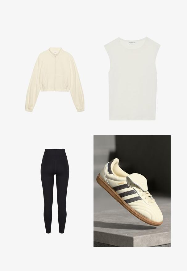 Krótka kurtka zapinana na zamek błyskawiczny w odcieniu kremowym, wykonana z miękkiego materiału. Posiada długie rękawy, dwie przednie kieszenie oraz elastyczne mankiety, które zapewniają dopasowany wygląd.; Biała bezrękawnik z okrągłym dekoltem. Wykonana z gładkiego materiału, ma luźny krój i minimalistyczny design. Bez wzorów ani akcentów.; Czarne prążkowane legginsy z wysokim stanem, charakteryzujące się bezszwowym designem, dopasowanym krojem i gładką fakturą. Idealne do aktywności fizycznej.; Kremowe skórzane trampki z trzema ciemnymi paskami, brązową gumową podeszwą i zaokrąglonym noskiem. Posiadają składany język z napisem "SAMBA".