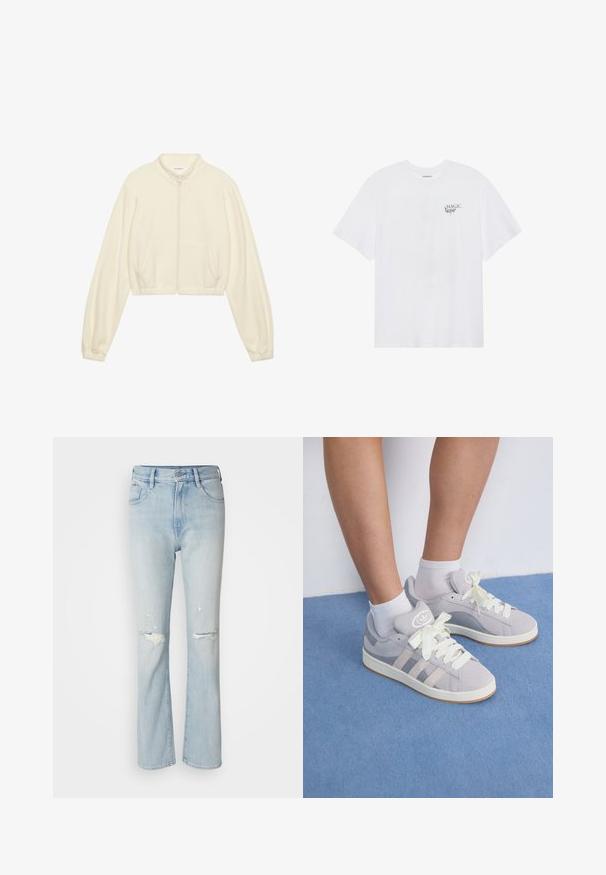 Lühendatud tõmbluku jakk kreemjas toonis, valmistatud pehmest kangast. Omab pikki varrukaid, kahte küljetaskut ja elastseid mansette, mis tagavad sobiva ilme.; Even&Odd Trükipildiga T-särk - white; Heledad sinine denimist teksad kõrge vöökoht, laiemad sääred, kulumise detailid ja lõigatud kangas põlvedes. Viie-taskuline disain.; Hallid hallad südamega ketsid valgete paelte ja kummitaldadega, millel on külgedel kolm diagonaalset triipu ja sildiga logoga keele peal.