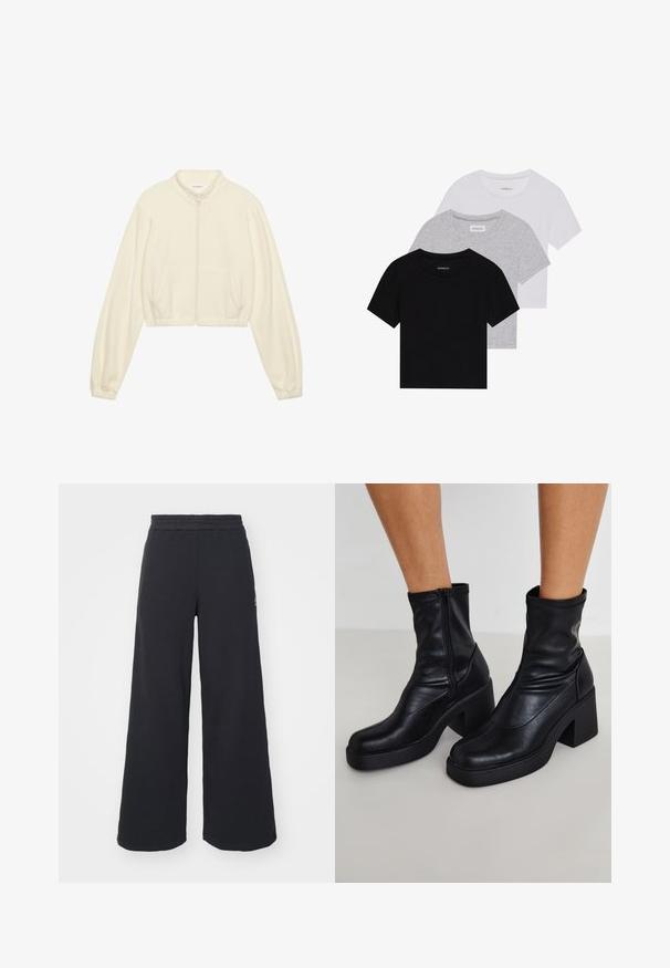 Cropped zip-up jacket in cream, made of soft fabric. Features long sleeves, two front pockets, and elastic cuffs for a fitted look.; Set of three short-sleeve t-shirts in black, gray, and white. Made from cotton, featuring a crew neck and a simple, solid color design.; Black wide-leg sweatpants made from soft fabric, featuring an elastic waistband and a small logo on the left side.; Black leather ankle boots with a high block heel, featuring a side zipper, smooth texture, and a tapered toe design.