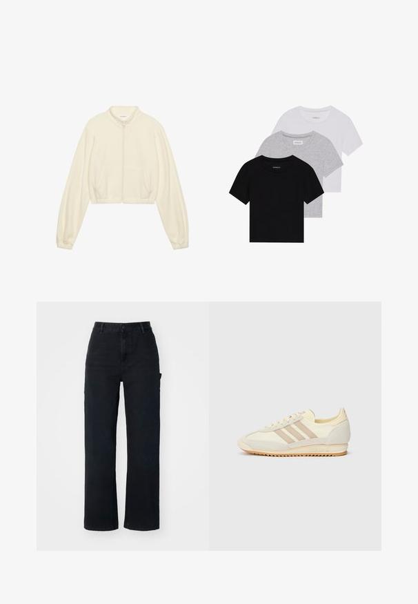 Krótka kurtka zapinana na zamek błyskawiczny w odcieniu kremowym, wykonana z miękkiego materiału. Posiada długie rękawy, dwie przednie kieszenie oraz elastyczne mankiety, które zapewniają dopasowany wygląd.; Zestaw trzech koszulek z krótkim rękawem w kolorze czarnym, szarym i białym. Wykonane z bawełny, z okrągłym dekoltem i prostym, jednolitym wzorem.; Czarne dżinsy o prostym kroju nogawek, z wysokim stanem, standardowym zapięciem na guzik oraz kieszeniami bocznymi.; Kremowe sportowe sneakersy z trzema beżowymi paskami, wykonane z zamszu i materiałów tekstylnych, z teksturowaną podeszwą oraz wytłoczonym logo na pięcie.