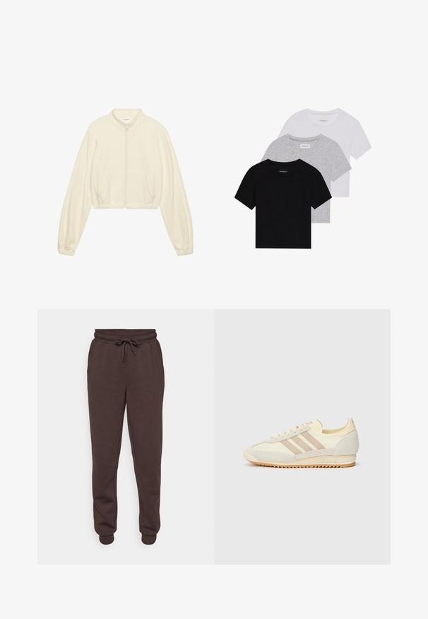 Lühendatud tõmbluku jakk kreemjas toonis, valmistatud pehmest kangast. Omab pikki varrukaid, kahte küljetaskut ja elastseid mansette, mis tagavad sobiva ilme.; Kollektsioon kolm lühikese varrukaga T-särki mustas, hallis ja valges värvitoonis. Valmistatud puuvillast, ümmarguse kaelusega ja lihtsa, ühevärvilise disainiga.; Pruunid sportpüksid elastse vöökoha ja stringiga. Omavad küljetaskuid ja soonikkoes kandilisi sääreosi. Sile tekstuur.; Kreem värvi spordijalats, millel on kolm beeži triipu, sametist ja tekstiilist materjalid, tekstureeritud tallaosa ning reljeefne bränding kandadel.