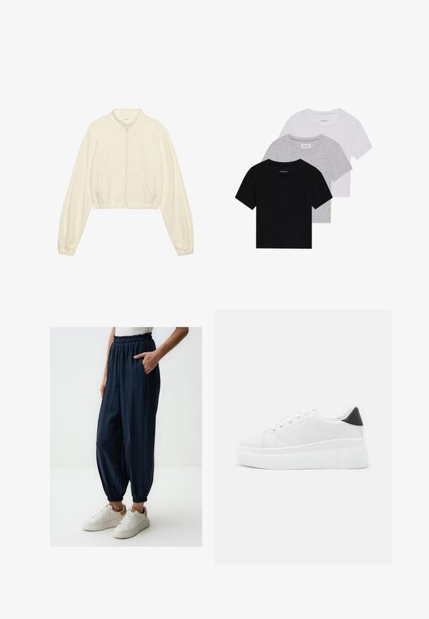 Geknipte ritsjack in crème, gemaakt van zachte stof. Beschikt over lange mouwen, twee voorzakken en elastische cuffs voor een strakke pasvorm.; Set van drie korte mouwen t-shirts in zwart, grijs en wit. Gemaakt van katoen, met een ronde hals en een eenvoudig, effen kleurontwerp.; Marineblauwe, lichte tapered broek met een elastische tailleband en cuffs bij de enkels, met zijzakken. Draag met witte sneakers.; Witte platform sneakers van glad synthetisch materiaal, met een afgeronde neus, vetersluiting en een gestructureerde rubberen zool. Zwarte hielaccent.