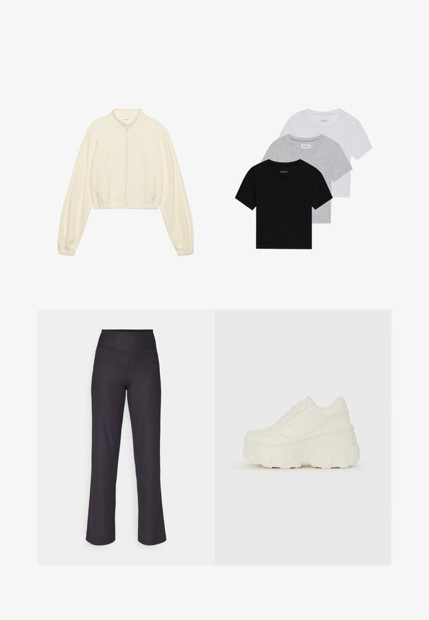 Kratka zip-up jakna u krem boji, izrađena od mekog materijala. Ima duge rukave, dva prednja džepa i elastične manžete za prilagođen izgled.; Set od tri majice kratkih rukava u crnoj, sivoj i bijeloj boji. Izrađene od pamuka, s okruglim izrezom i jednostavnim, jednobojnim dizajnom.; Crne rebraste široke hlače s visokim elastičnim pojasom, s glatkom teksturom i čistim šavovima za prilagođen izgled.; Bijele platformske tenisice s glatkim gornjim dijelom koji nalikuje koži, zaobljenim oblikom, podstavljenim okvirom i teksturiranim gumeni potplat s definiranom profilacijom.