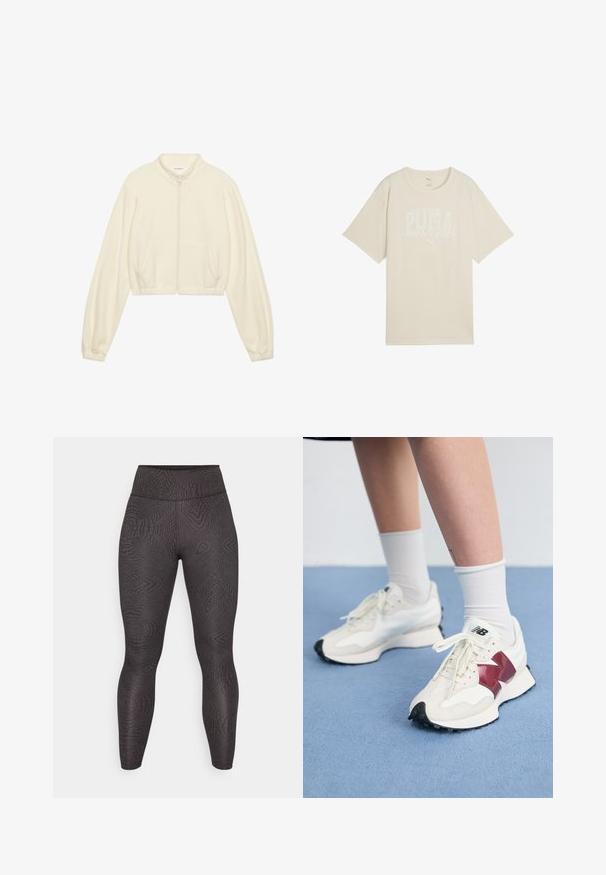 Kratka zip-up jakna u krem boji, izrađena od mekog materijala. Ima duge rukave, dva prednja džepa i elastične manžete za prilagođen izgled.; Bež pamukasta majica sa opuštenim krojem, koja ima bijeli grafički dizajn s natpisom "PUMA sports club" i malim logotipom iznad.; Crne tajice s teksturiranim uzorkom koji se sastoji od spirala i linija, visokim strukom i uskim krojem koji se proteže do gležnjeva.; Par bijelih tenisica s maroon akcentima, teksturiranim panelima, ravnim crnim potplatom i svijetlim vezicama, nošene s bijelim čarapama do gležnjeva.