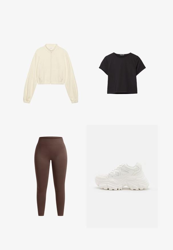 Karakot zip-jakke i cremefarve, lavet af blødt stof. Har lange ærmer, to frontlommer og elastiske manchetter for en tætsiddende pasform.; Sort kortærmet crop top lavet af blødt stof, med rund halsudskæring og en afslappet pasform med en ren nederste kant.; Brune højhalsede leggings lavet af glat, strækbart stof. Har en tætsiddende form med en sømløs talje for komfort og fleksibilitet.; Hvide chunky sneakers med en tekstureret overdel, mesh-paneler og tykke gummisåler med et markant dækmønster. Snørebånd og en pull-tab medfølger.