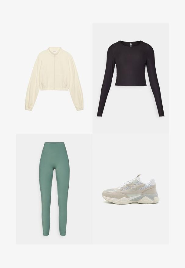 Rövidített, cipzáras dzseki krém színben, puha anyagból készült. Hosszú ujjakkal, két elülső zsebbel és elasztikus mandzsettákkal rendelkezik a karcsú megjelenés érdekében.; Fekete, hosszú ujjú, crop fazonú felső bordázott anyagból. Kerek nyakkivágással és testhezálló sziluettel rendelkezik, textúrázott felülettel.; Magas derekú leggings, tompa zöld színben, rugalmas anyagból készült, sima felülettel és oldalsó zsebekkel.; Beige és fehér tornacipők, amelyek velúrból és hálós anyagból készültek, vastag talppal, fűzős dizájnnal és logóval az oldalon.