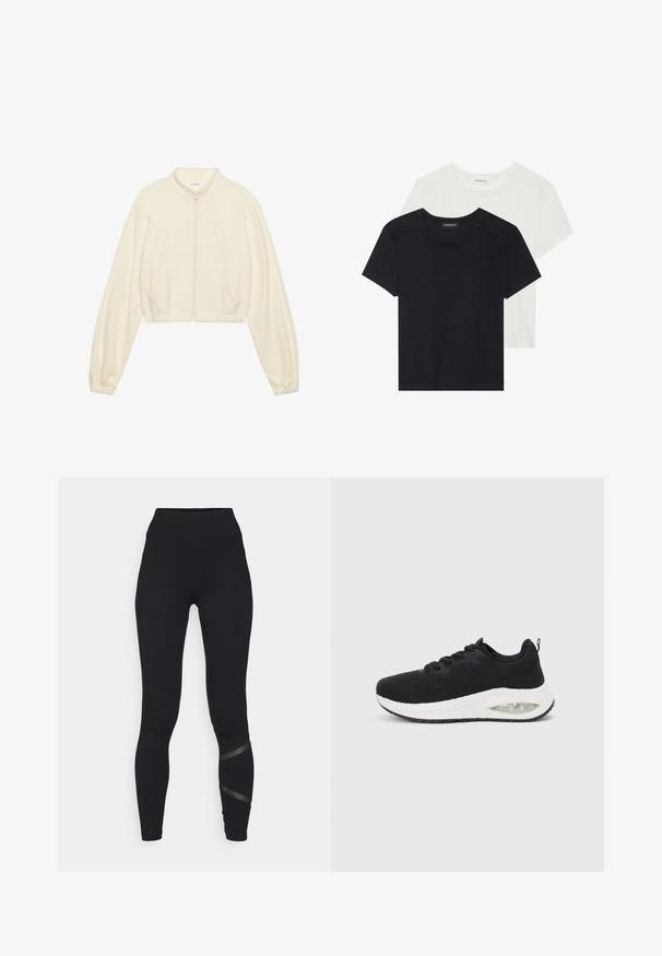 Cropped zip-up jacket in cream, made of soft fabric. Features long sleeves, two front pockets, and elastic cuffs for a fitted look.; Two short-sleeve T-shirts in black and white. Made of soft cotton, featuring a round neckline and standard fit with minimal stitching detail.; ONLY Play ONPCROSS LIFE LEG - Leggings - black; Black athletic sneaker with a textured knit upper, white midsole, and visible air cushioning detail. Features black laces and a pull tab.