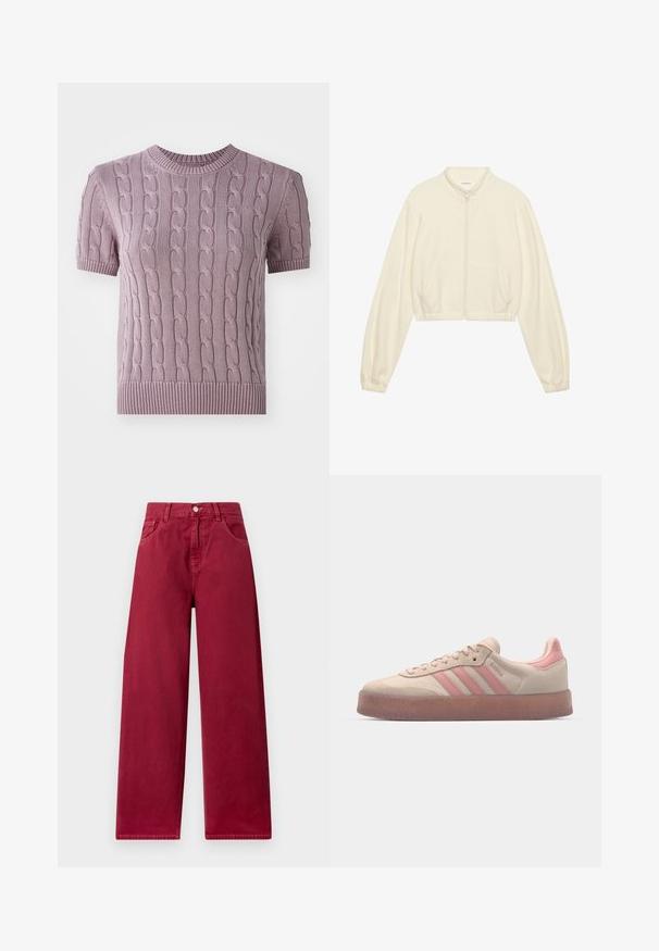 Lühendatud tõmbluku jakk kreemjas toonis, valmistatud pehmest kangast. Omab pikki varrukaid, kahte küljetaskut ja elastseid mansette, mis tagavad sobiva ilme.; Lühikeste varrukatega, nöök-kootud sviiter helesinises värvitoonis. Omab ribakujulist kaelust ja äärt ning kehaosas on tekstuurne muster.; Laiad põlvpüksid sügavas burgundia varjus, valmistatud vastupidavast denimist, esi-taskute ja nööbiga sulgemisega vöökoht.; Beežist nahkkingad heledate roosa aktsentidega, tekstuuriga kummitald, ning kolm roosa triipu külgedel. Ümar nina ja nööridega disain.