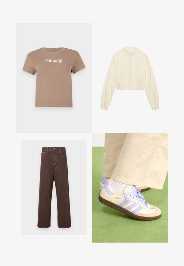 Krátká zipová bunda v krémové barvě, vyrobená z měkké tkaniny. Má dlouhé rukávy, dvě přední kapsy a elastické manžety pro přiléhavý vzhled.; Hnědé bavlněné tričko s kulatým výstřihem. Obsahuje bílé grafické prvky: kaktus, slunce, vlnu, ruku a srdce. Krátké rukávy.; Hnědé džíny s širokými nohavicemi, kontrastním prošíváním, pěti kapsami a kovovým zapínáním. Hladká textura, rovný střih.; Krémové a levandulové tenisky se třemi pruhy a texturovanou hnědou podrážkou, vybavené tkaničkami a polstrovanou patou. Měkký textilní svršek.