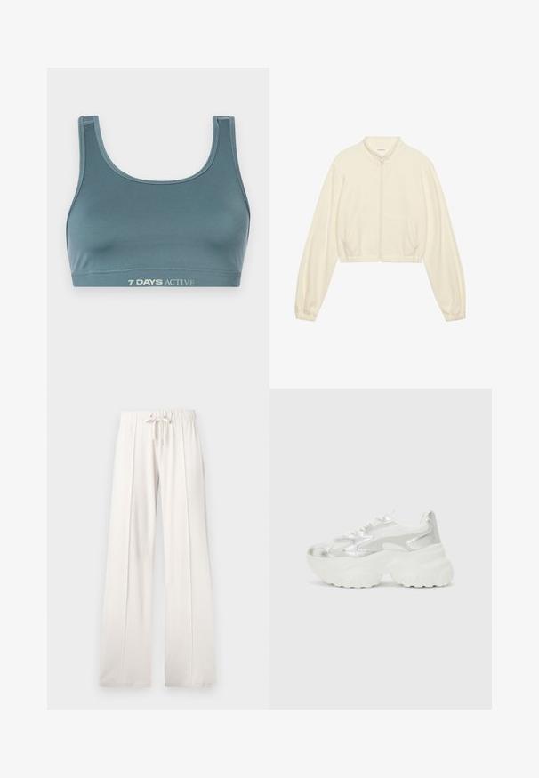 Giacca zip-up tagliata in crema, realizzata in tessuto morbido. Presenta maniche lunghe, due tasche frontali e polsini elasticizzati per un look aderente.; Top sportivo in teal scuro, realizzato in tessuto morbido e elastico. Presenta un scollatura a girocollo e una fascia elastica con la scritta "7 DAYS ACTIVE" stampata in un colore chiaro.; Pantaloni della tuta beige chiaro realizzati in tessuto morbido, con vita regolabile, gambe larghe e cuciture verticali, dal fondo liscio.; Sneaker argento con una tomaia in mesh testurizzato e accenti iridescenti, dotata di una suola bianca spessa e chiusura con lacci.