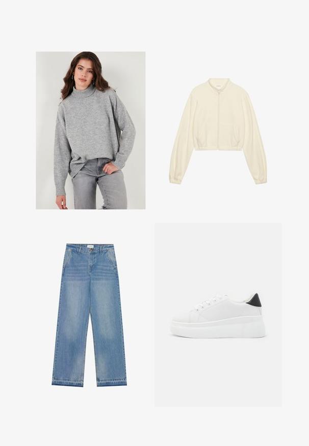 Krustota krēmkrāsas iezīmēta jaka ar rāvējslēdzēju, izgatavota no mīksta auduma. Tam ir garas piedurknes, divas priekšējās kabatas un elastīgi aproces, kas nodrošina piegulošu izskatu.; Gaišs pelēks, pārmērīgi liels turtlenecks džemperis no mīkstas adītas auduma ar ribotām piedurknēm, kombinēts ar atbilstošiem pelēkiem džinsiem. Vienkāršs, mūsdienīgs dizains.; Gaiši zila augsta jostasvieta plaša ar biksēm ar pogu aizdari, priekšējām kabatām, jostas cilpiņām un vieglu izbalējušu apdari.; Baltas platforma kedas, izgatavotas no gludas sintētiskas vielas, ar noapaļotu purngalu, saites dizainu un teksturētu gumijas zoli. Melna papēža akcenta detaļa.