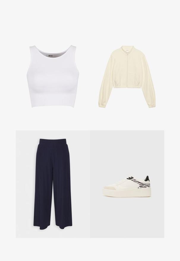 Kuttet hettejakke i kremfarge, laget av myk stoff. Har lange ermer, to frontlommer og elastiske mansjetter for en tettsittende look.; Hvit ribbet crop-top med rund hals og brede stropper. Har en elastisk tekstur, designet for komfort og bevegelsesfrihet.; Bredde bukser i mørk marineblå stoff med ribbet tekstur. Har en glatt midje og en luftig silhuett, som når midt på leggen.; Even&Odd Joggesko - white/black