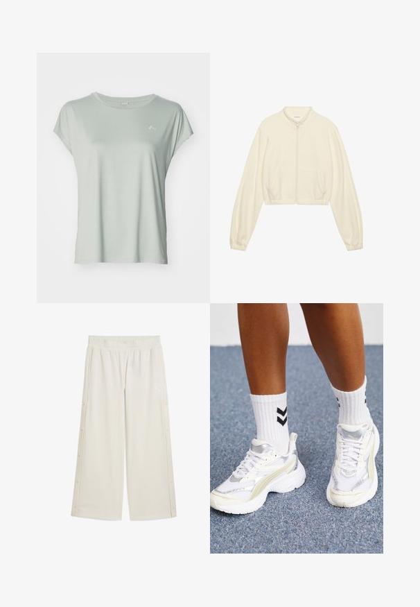 Cropped zip-up jacket in cream, made of soft fabric. Features long sleeves, two front pockets, and elastic cuffs for a fitted look.; ONLY Play ONPAUBREE LIFE ON BAT LOOSE TEE - Basic T-shirt - aqua gray; Beige wide-leg pants with an elastic waistband, side snap closures, and a small logo on the front. Made from a smooth, lightweight material.; White sneakers with silver accents, mesh material, and a chunky design. Paired with white socks featuring black chevron patterns.