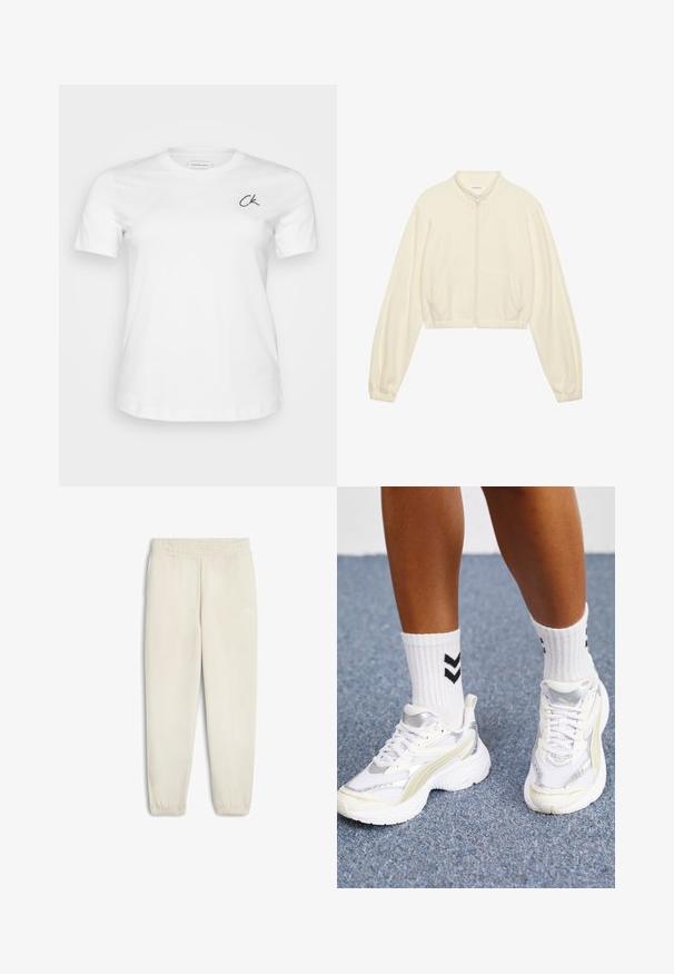 Jachetă scurtă cu fermoar, de culoare crem, fabricată dintr-un material moale. Are mâneci lungi, două buzunare frontale și manșete elastice pentru un aspect ajustat.; Tricou alb din bumbac, cu guler rotund și mâneci scurte. Prezintă un mic logo negru "CK" pe pieptul stâng. Textură netedă, croială clasică.; Pantaloni de trening bej deschis, fabricați dintr-un material moale, cu un tiv elastic la talie, glezne strânse și un mic logo alb pe lateral.; Adidași albi cu accente argintii, din material tip plasă, și un design masiv. Împerecheați cu șosete albe cu modele în zigzag negre.