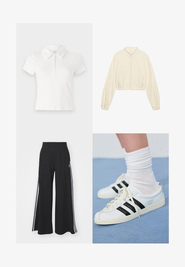 Avskuren zip-jacka i krämfärg, tillverkad av mjukt tyg. Har långa ärmar, två framfickor och elastiska manschetter för en åtsittande look.; Vit polo skjorta i bomull. Har en krage, korta ärmar och en knappslå fram. Slät textur.; Svarta vida sweatpants med elastisk midje, med vita sidosträck och en broderad logotyp på vänster lår.; Vita lädersneakers med svarta ränder, krämfärgad sula och ljusa snören. Bärs med vita ribbade strumpor, placerade på blå bakgrund.