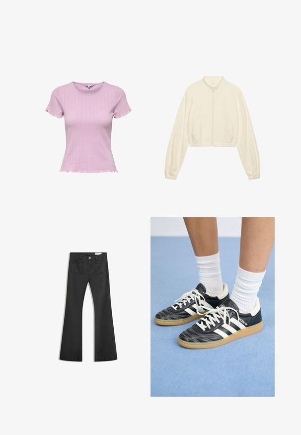 Rövidített, cipzáras dzseki krém színben, puha anyagból készült. Hosszú ujjakkal, két elülső zsebbel és elasztikus mandzsettákkal rendelkezik a karcsú megjelenés érdekében.; Világos rózsaszín kötött rövidujjú felső, fitted szabással, bordázott textúrával és hullámos aljjal. Finom mintázati részletek fokozzák a dizájnt.; Fekete, sima textúrájú farmer flare nadrág, két hátsó zsebbel és gombos derékkal.; Fekete bőr sportcipők fehér csíkokkal, kerek orral, fehér fűzővel és gumírozott talppal. Párnázott bokarész és márkajelzések emelik ki.