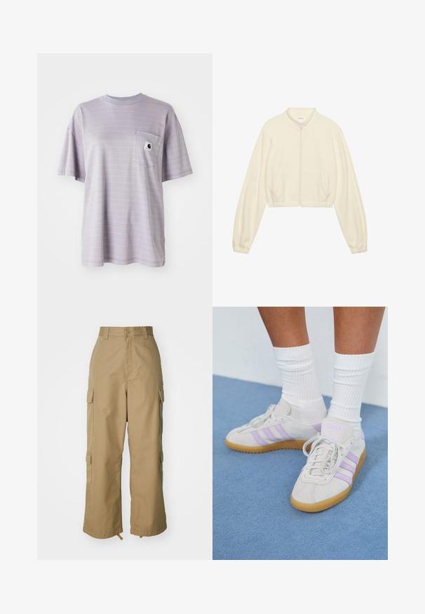 Krustota krēmkrāsas iezīmēta jaka ar rāvējslēdzēju, izgatavota no mīksta auduma. Tam ir garas piedurknes, divas priekšējās kabatas un elastīgi aproces, kas nodrošina piegulošu izskatu.; Gaiši purpura īsām piedurknēm T-krekls ar smalkiem horizontāliem rakstiem un krūšu kabatu ar nelielu zīmola logo. Mīksts kokvilnas audums.; Bēša kravas bikses ar augstu jostasvietu, platām kājām un četriem lieliem sānu kabatām. Izgatavotas no izturīgas auduma ar gludu tekstūru un minimālām detaļām.; Gai pelēki zamšādas sporta apavi ar trim lilā svītrām, gumijas zole, plakano šņorēšanu un baltām ribotajām zeķēm. Fons ir zils.