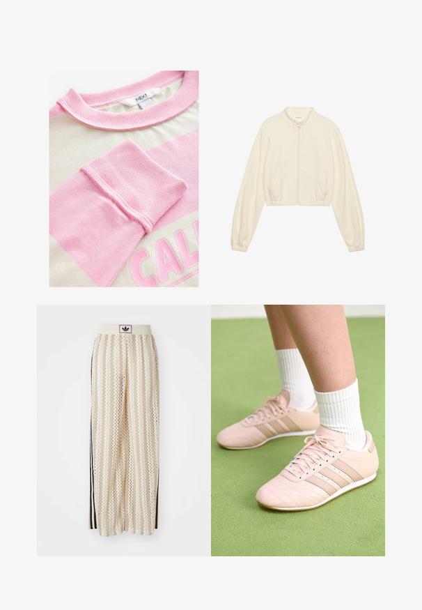 Cropped zip-up jacket in cream, made of soft fabric. Features long sleeves, two front pockets, and elastic cuffs for a fitted look.; Short-sleeve top with a cream body and pink horizontal stripes. Ribbed neckline and cuffs, featuring a graphic print in light pink.; Cream-colored wide-leg pants with a zigzag pattern, featuring a black logo waistband and side black stripes. Lightweight, textured fabric.; Light pink athletic shoes with diagonal stitching, white soles, and three lateral stripes. Worn with ribbed white socks on green surface.