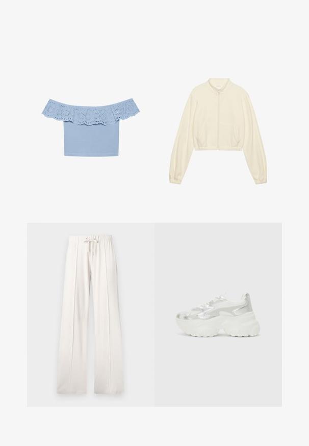 Jachetă scurtă cu fermoar, de culoare crem, fabricată dintr-un material moale. Are mâneci lungi, două buzunare frontale și manșete elastice pentru un aspect ajustat.; Top albastru deschis, cu umerii la vedere, având un guler volan cu decupaje tip eyelet. Material neted cu un design fitted.; Pantaloni de trening bej deschis, confecționați dintr-un material moale, având o talie cu șnur, picioare largi și cusături verticale, cu o textură netedă.; Sneaker argintie cu un superior din plasă texturată și accente iridescente, având o talpă albă groasă și închidere cu șireturi.