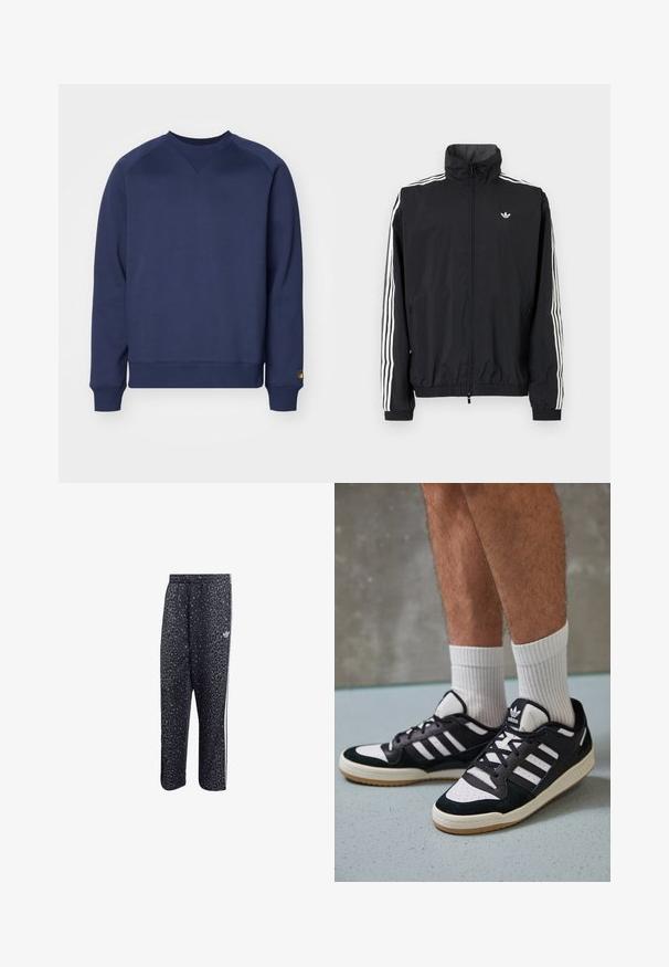 Crna windbreaker jakna s visokim ovratnikom, bijeli dizajn s tri pruge na rukavima, elastične manžete i rub, s malim logotipom na prsima.; Mornarsko plava dukserica od mekog materijala, s okruglim izrezom, rebrastim manžetama i donjim dijelom, te malim logotipom na rukavu.; Crne sportske hlače s uzorkom leopard tiska, s bijelim dizajnom u tri pruga i logotipom sportske marke sa strane.; Crne i bijele tenisice s gornjim dijelom od antilopa i kože, s tri bijele pruge, perforiranim prstom i gumiranim potplatom.